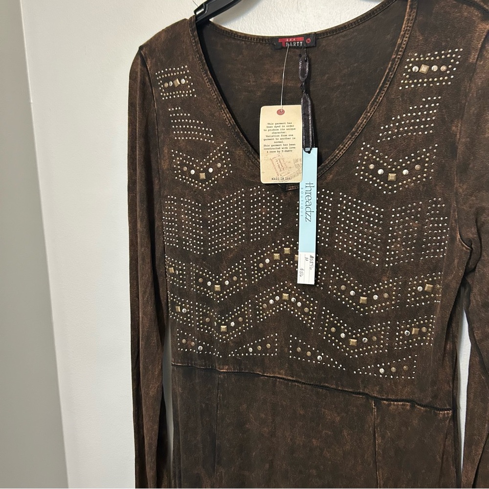 T Party Beaded Embroidered Fringe Mini Dress Mineral Wash Womens M Western Rodeo - Picture 8 of 16